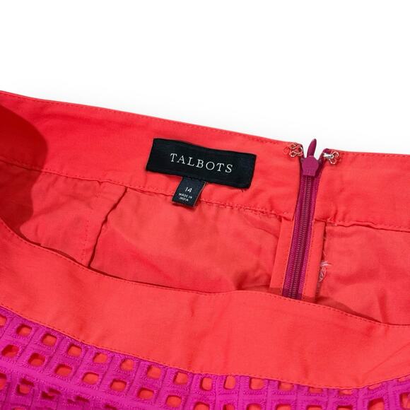 Talbots Pencil Skirt Sz 14 Pink Orange Geometric Eyelet Lined Cotton Knee Length - Picture 2 of 9